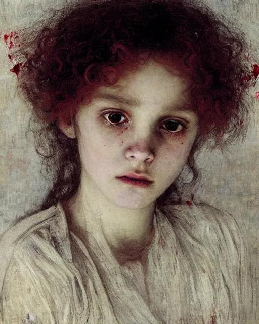 Prompt: a beautiful but sinister girl in layers of fear, with haunted eyes and curly hair, 1 9 7 0 s, seventies, delicate embellishments, a little blood, crimson, painterly, offset printing technique, by jules bastien - lepage