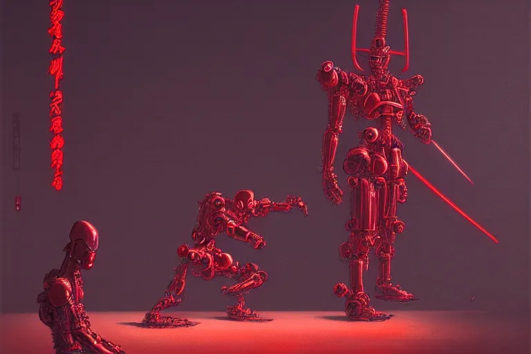 Image similar to only with red, a red cyborg samurai, tokio futuristic in background, some evil yokai fight, in the style of beksinski, parts by edward hopper, parts by rodcenko, parts by yue minjun, intricate and epic composition, red by caravaggio, insanely quality, highly detailed, masterpiece, red light, artstation, 4 k