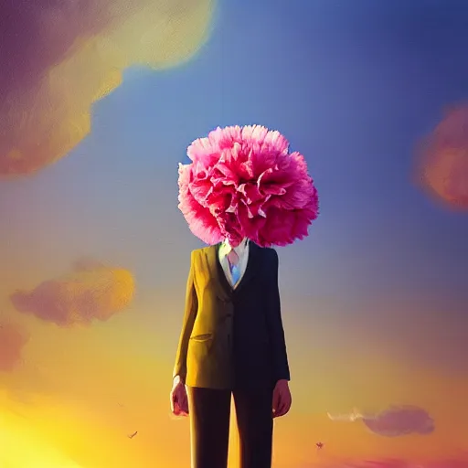 Image similar to giant carnation flower head, frontal, girl in a suit, surreal photography, sunrise, dramatic light, impressionist painting, digital painting, artstation, simon stalenhag