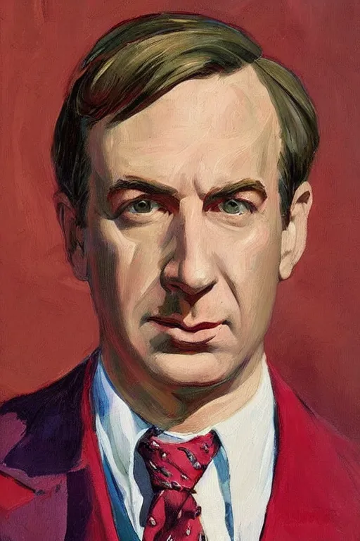 Prompt: sharp saul goodman wearing colorful suit, painting by jc leyendecker!!!, angular!!!, triangle brush strokes, ( painterly ), vintage, crisp!