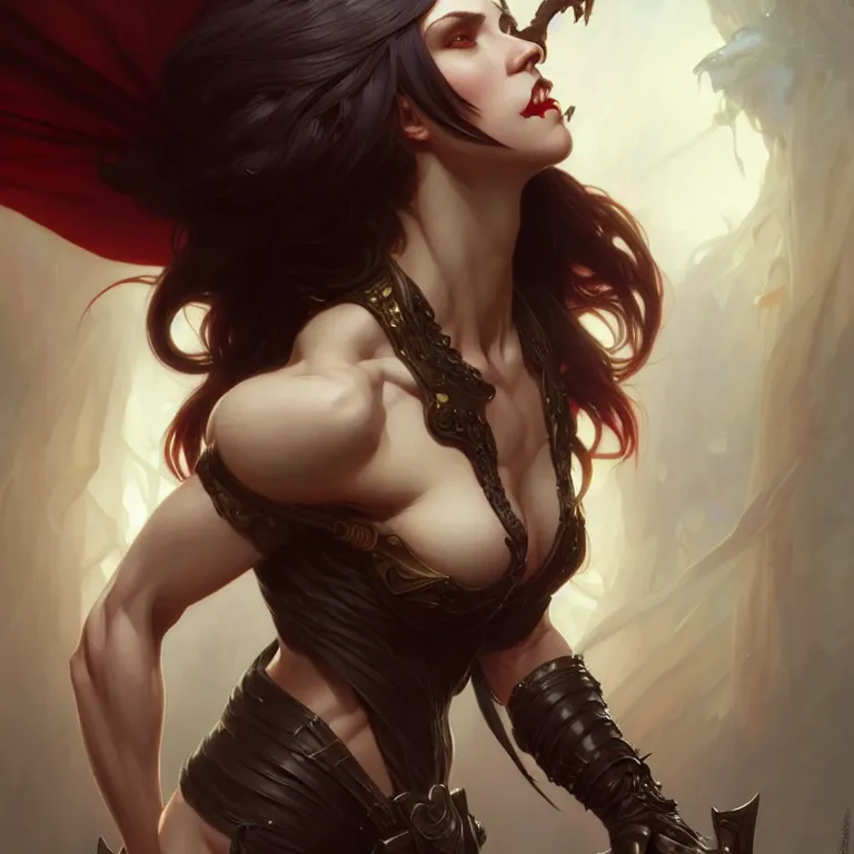 Image similar to female vampire, muscular upper body, D&D, fantasy, intricate, elegant, highly detailed, digital painting, artstation, concept art, smooth, sharp focus, illustration, art by artgerm and greg rutkowski and alphonse mucha