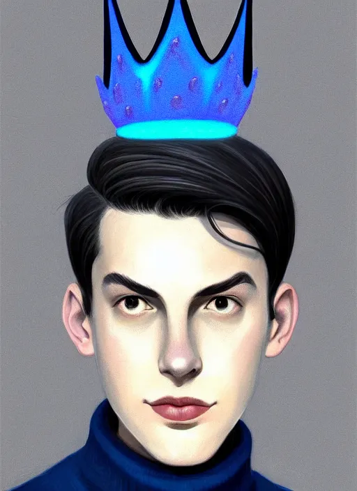 Image similar to portrait of teenage jughead jones wearing a light grey crown, crown, blue turtleneck, 1 9 5 0 s, closed eyes, photorealistic, black hair, glowing lighting, intricate, elegant, glowing lights, highly detailed, digital painting, artstation, concept art, smooth, sharp focus, illustration, art by wlop, mars ravelo and greg rutkowski