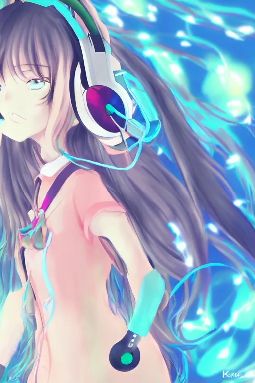 Image similar to an anime girl listening to music on headphones, candy pastel, backlighting, trending on pixiv, digital art, by kawacy