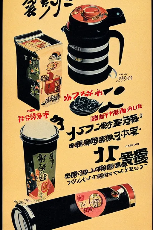 Image similar to coffee advertisment, still life, 1 9 7 0 s japan shouwa advertisement, print, nostalgic