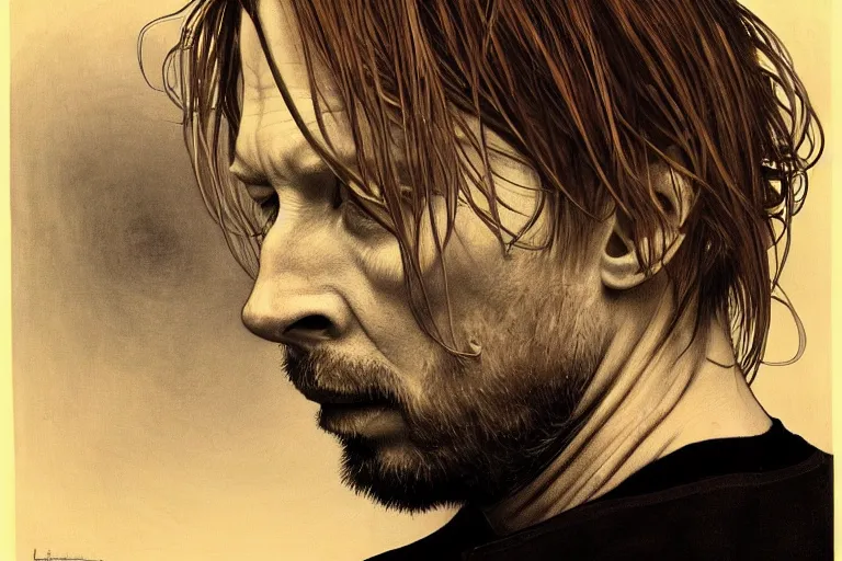 Image similar to hyper realistic portrait of ( thom ) yorke singer songwriter ok computer, side profile, liminal space, by lee bermejo, alphonse mucha and greg rutkowski