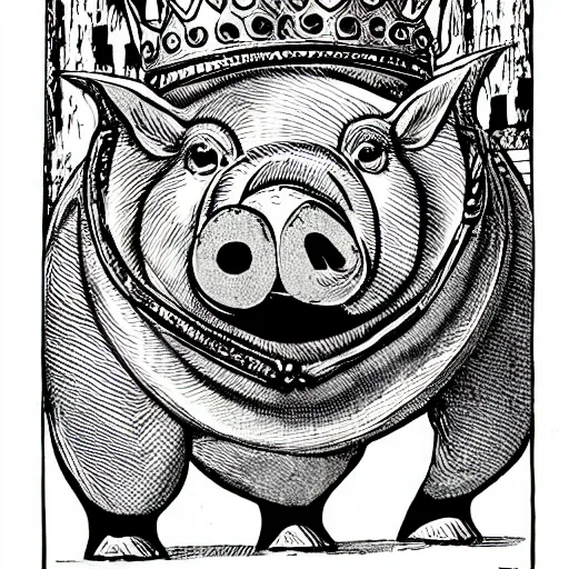 Image similar to pig posing with crown from the Dungeons and Dragons Monster Manual, line art illustration, 1981, high detail