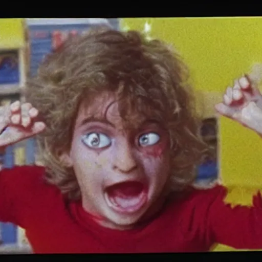 Image similar to vhs footage of an 8 0 s toy commercial where a kid is terrified of a possessed demonic toy