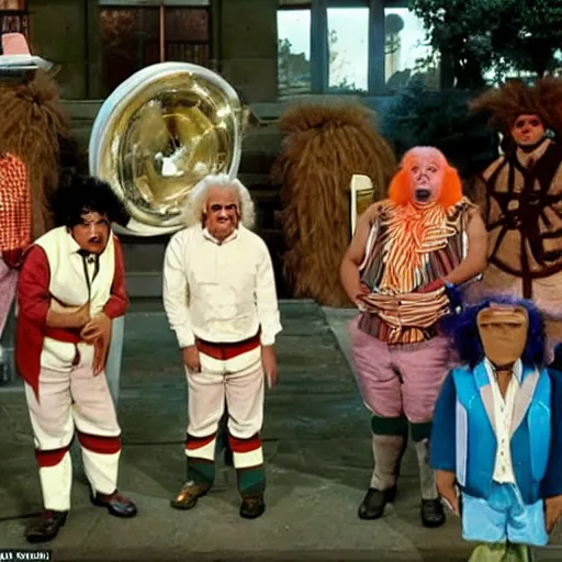 Image similar to a band of oompa loompas trying to help doc brown find his DeLorean