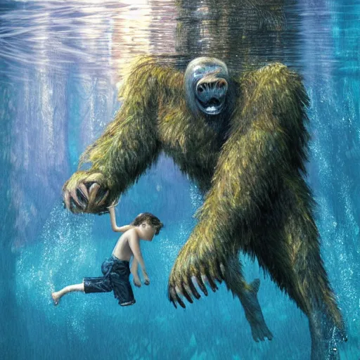 Prompt: Marc Simonette, bigfoots pulling a child underwater, trees, ultra detailed