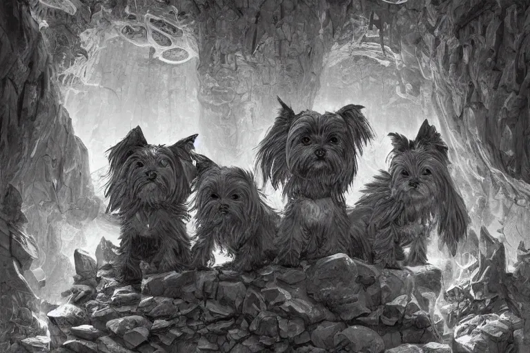 Prompt: black and white one point perspective dungeon cozy fantasy dungeon yorkshire terrier puppies artgerm and Craig Mullins, James Jean, Andrey Ryabovichev, Mark Simonetti and Peter Morbacher 16k
