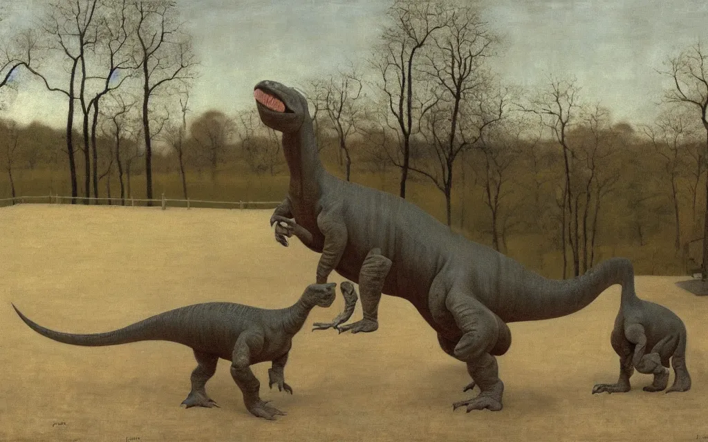 Prompt: a painting of a dinosaur in a zoo, in spring, oil on canvas, by hammershoi