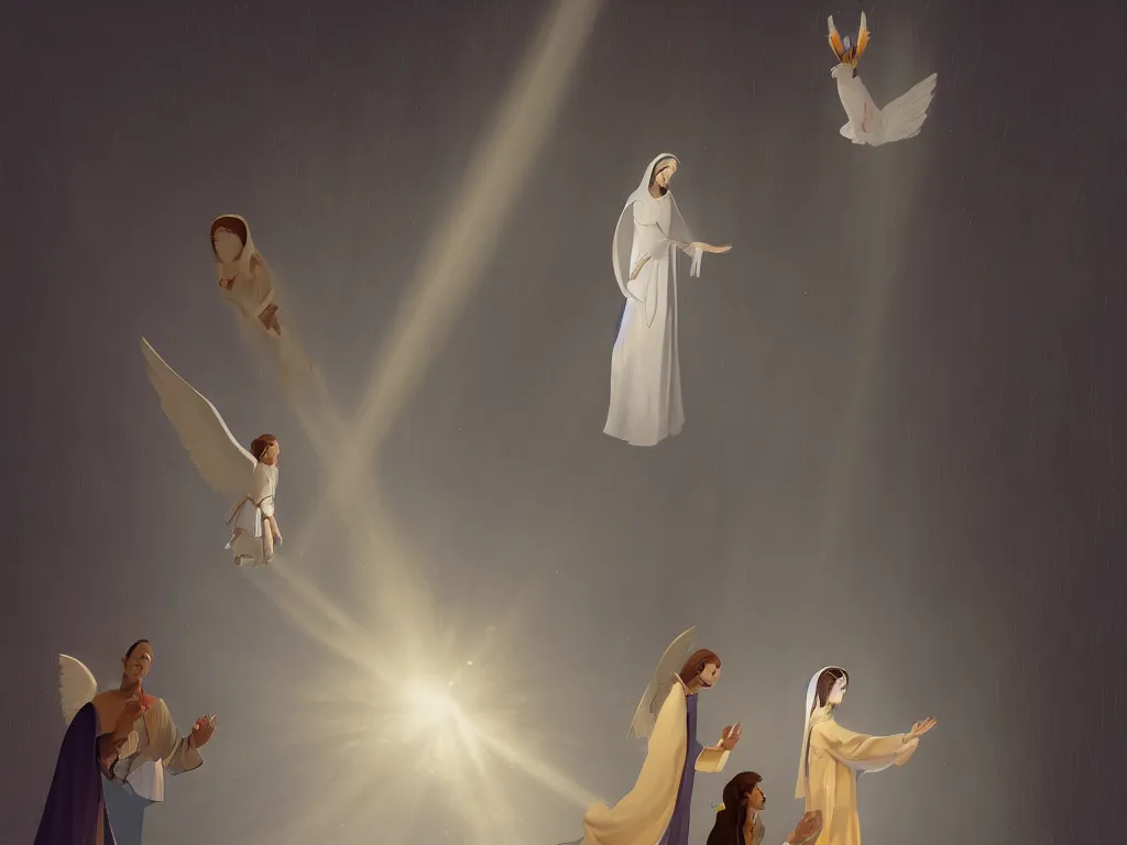 Image similar to the annunciation with mary on the left and archangel on the right, with a beam of light coming down from the top right towards mary on the left, by goro fujita, trending on artstation, 8k, highly detailed, digital graphic art