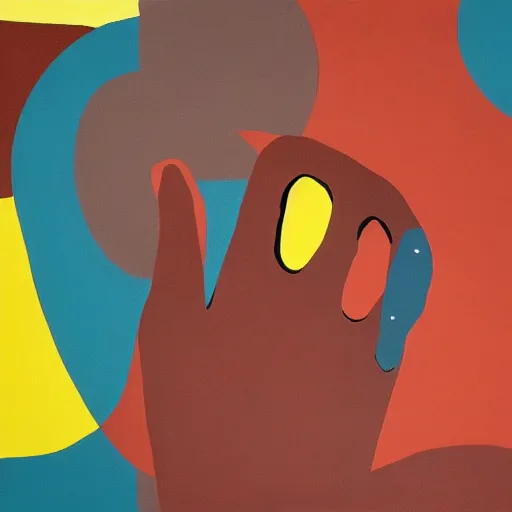 Prompt: A painting of a hand holding a telephone, abstract painting in the style of Sophie Taeuber-Arp and Gary Hume and Tatsuro Kiuchi, flat colour-block style, geometric abstraction, dark earthy colours