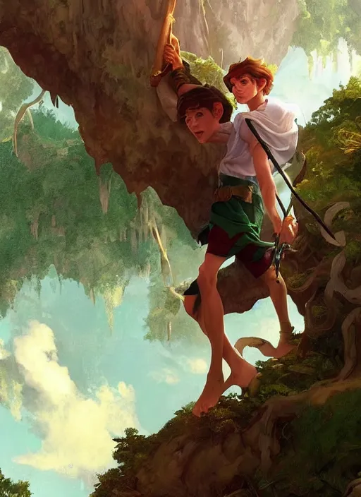 Image similar to skinny young tom holland as peter pan in neverland, dynamic lighting, path traced, atmospheric, highly detailed, high quality, beautiful painting, octane render, don bluth, ross tran, studio ghibli, alphonse mucha, jama jurabaev, extremely detailed, brush strokes, artstation, artgerm