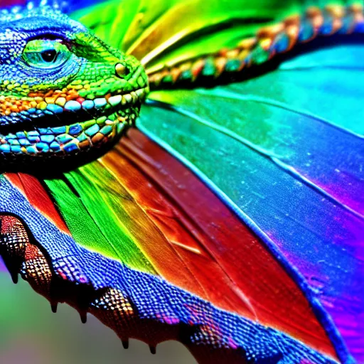 Image similar to a tiny dragon lizard with rainbow colored wings, high resolution film still, 4k, HDR color