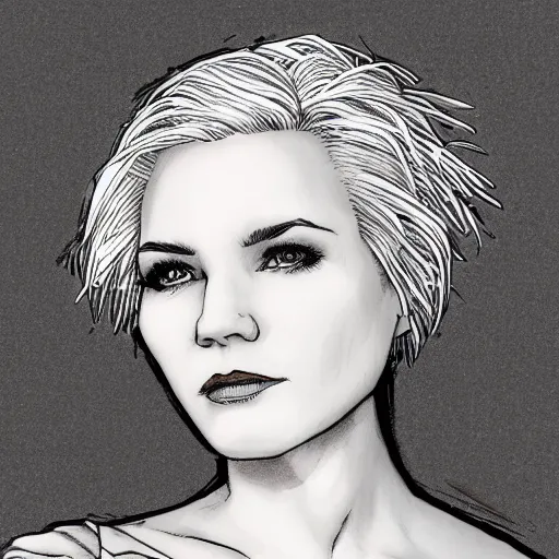 Prompt: portrait of a woman with short white hair, medium shot, illustration, highly detailed, high quality, by todd mcfarlane