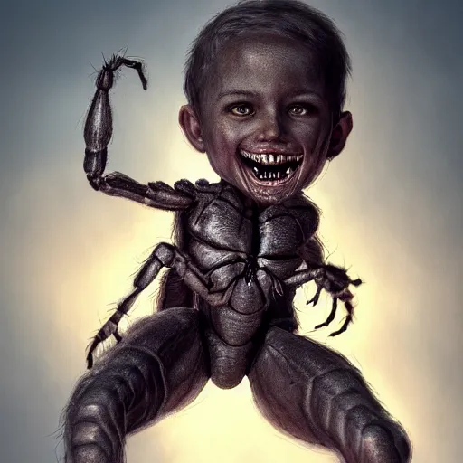 Image similar to human child with the body of a spider, black eyes, sharp teeth, intricate, detailed, volumetric lighting, scenery, digital painting, highly detailed, artstation, sharp focus, illustration, concept art,