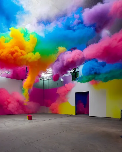 Prompt: Utrecht, in a vast IKEA living room showroom which has been vandalized, wrecked, with graffiti, spray paint and explosive color smoke and powder by Damien Hirst, Felipe Pantone, Lisa Frank