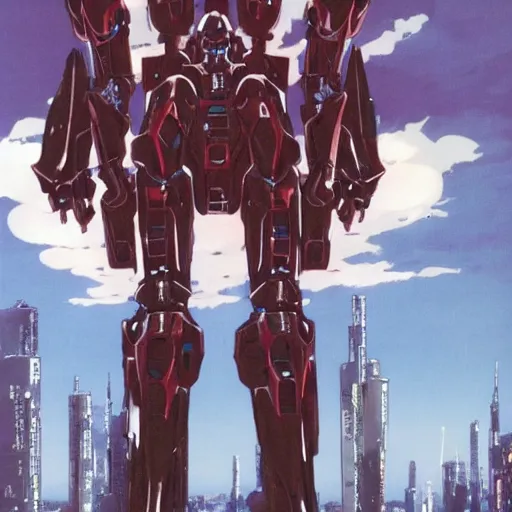 Prompt: anime screenshot of a sleek, slender mecha suit defending the city, designed by hideaki anno, drawn by tsutomu nihei, and painted by zdzislaw beksinski