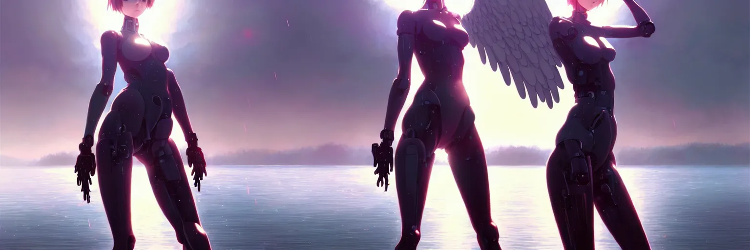 Image similar to wlop!!, ilya kuvshinov, artgerm!!!, krenz cushart, greg rutkowski, a beautiful cyborg - angel girl!! standing on a lake, rainfall, biomechanical details, digital cyberpunk anime art, full body shot!!, reflections!!, lens flare