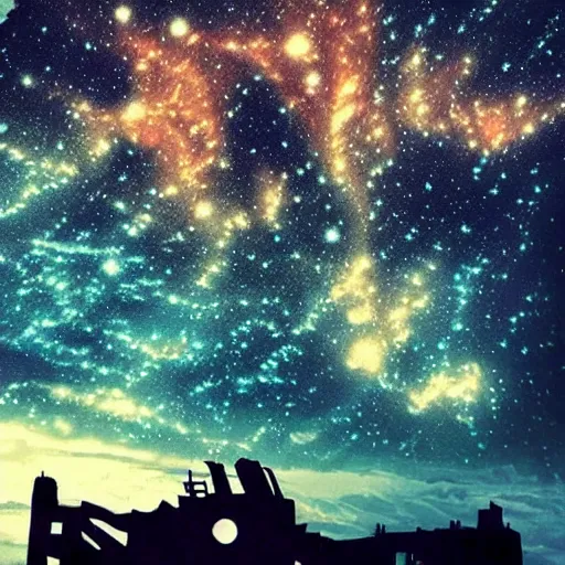 Prompt: a beautiful dreamy night sky, steampunk, fantasy, modern, beautiful, stars