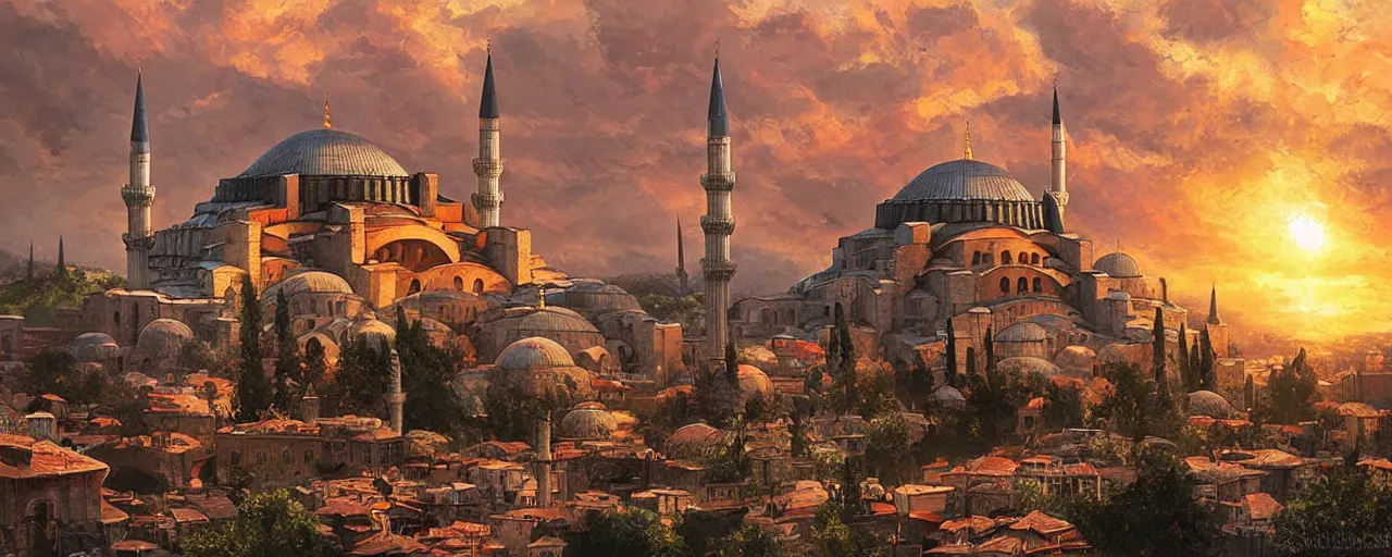 Image similar to historicaly accurate medieval istanbul and hagia sophia scenery landscape, lord of the rings,, rule of thirds, sunset, highly detailed, perfect lighting, perfect composition, 4 k, artgerm, derek zabrocki, greg rutkowski