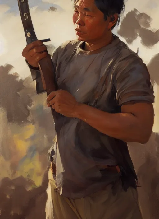 Prompt: greg manchess portrait of a filipino man holding a blade standing in front of a tank, asymmetrical, profile picture, organic painting, sunny day, matte painting, bold shapes, hard edges, street art, trending on artstation, by huang guangjian, gil elvgren, ruan jia, randy vargas, greg rutkowski