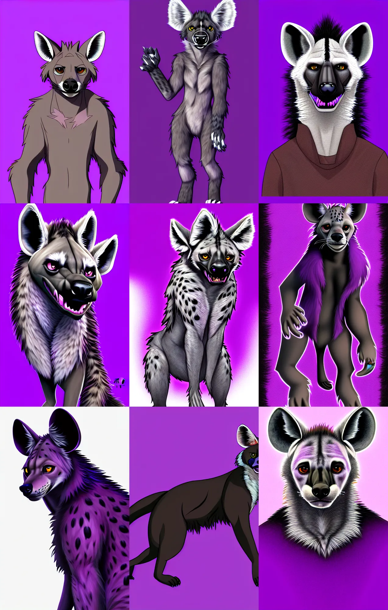 Prompt: a full - body centered front - perspective furry fursona portrait, a male hyena fursona, purple and black color scheme, trending on weasyl, high - resolution, photorealistic