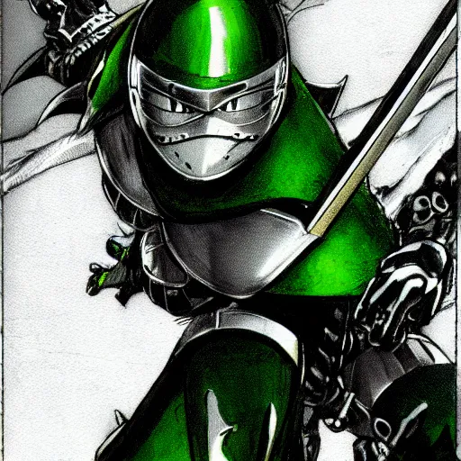 Prompt: knight in green car, blue armor, gold sword, dragon attack, low angle, action, manga panel, Murata