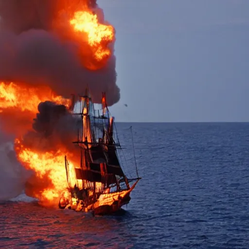 Image similar to pirate ship on fire in the middle of the sea