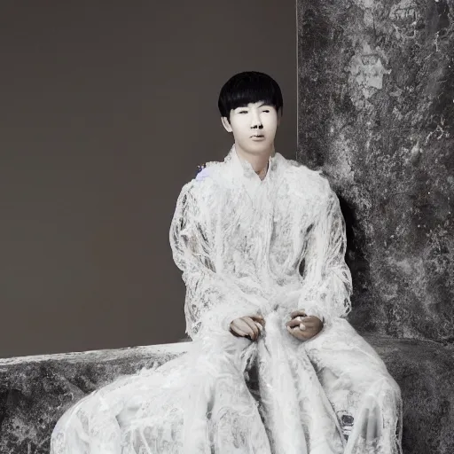 Image similar to a realistic detailed portrait of beautiful young korean male wearing a translucid lace wedding gown designed by alexander mcqueen, photographed by andrew thomas huang for a fashion editorial