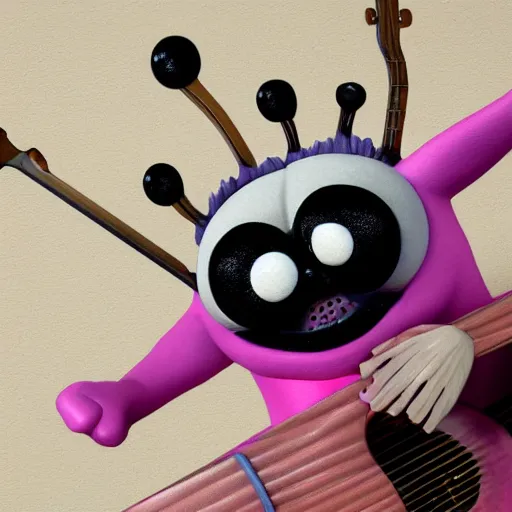 Image similar to medium shot, lucas the spider plays the guitar, 3 d art, zbrush, blender, oil painting