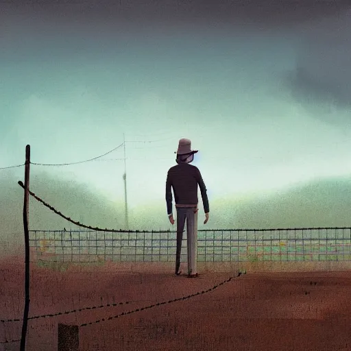 Image similar to a matte painting of a man standing in front of a wire fence by emiliano ponzi, james gilleard