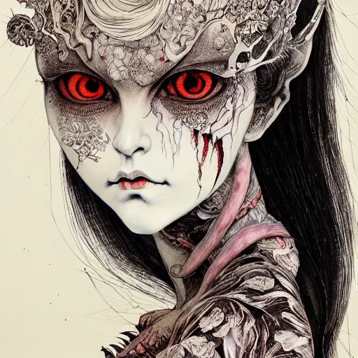 Prompt: prompt: Demon girl face painted in William Blake style drawn by Vania Zouravliov and Takato Yamamoto, intricate oil painting, high detail, Neo-expressionism, post-modern gouache marks on the side, gnarly details soft light, white background, intricate detail, intricate ink painting detail, sharp high detail, manga and anime 2000