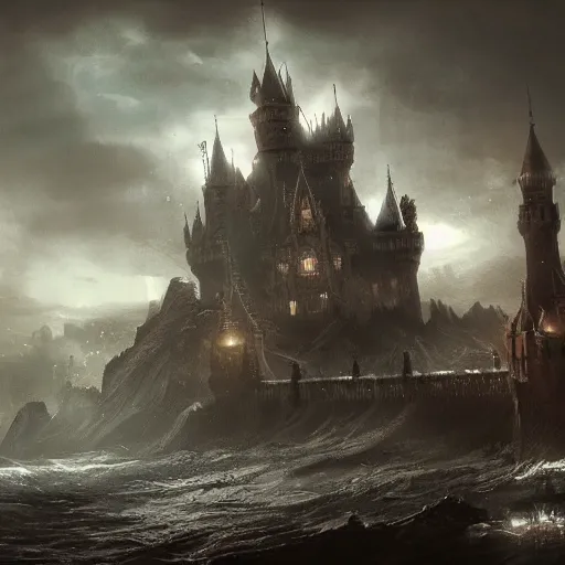 Prompt: massive castle and city underwater with a dark and gloomy theme, matte painting, ultra fine detail, trending on artstation, concept art