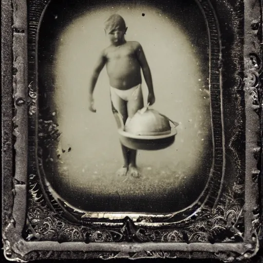 Image similar to tintype photo, swimming deep underwater, kid with huge spider