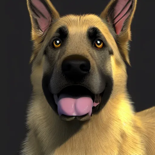 Image similar to 3 d model of a german shepherd and golden retriever mixed breed dog, octane render, raytraced