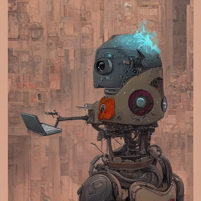 Prompt: robot artist painting a self - portrait on a canvas. intricate, highly detailed, digital matte painting, in the style of alexandros pyromallis, and in the style of sachin teng, and in the style of hans thoma, and in the style of peter mohrbacher. irony, recursion, inspiration.