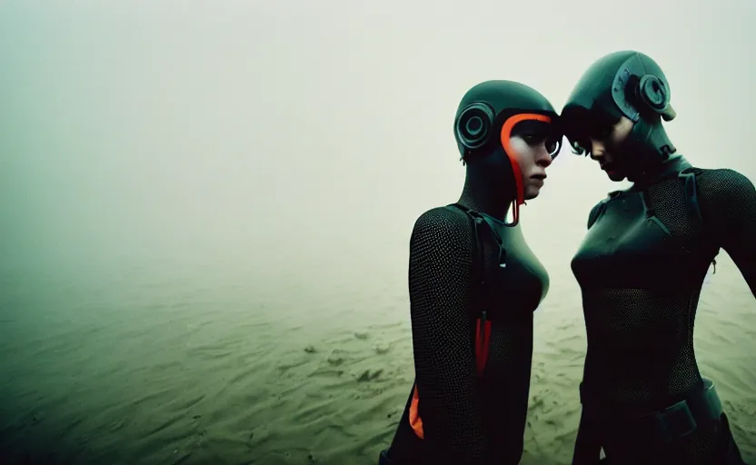 Image similar to cinestill 5 0 d candid photographic portrait by helen levitt of two loving female androids wearing rugged black mesh techwear in treacherous waters, extreme closeup, modern cyberpunk moody emotional cinematic, dust storm, 8 k, hd, high resolution, 3 5 mm, f / 3 2, ultra realistic faces, ex machina