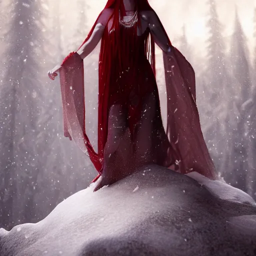 Image similar to winter night, snow, beautiful red haired pale goddess of ice wearing bikini top and long cloak, diamond necklace, long hair, symmetric face, single face, full body, photography, octane render, cinematic, 3 5 mm, by frank frazetta, by jacub rozalski