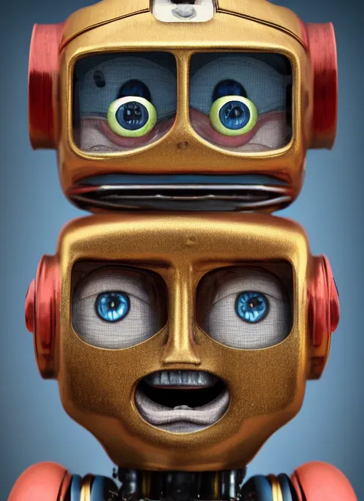 Prompt: closeup portrait of tin toy robot rebellion, depth of field, zeiss lens, detailed, symmetrical, centered, fashion photoshoot, by nicoletta ceccoli, mark ryden, lostfish, earl nore, hyung tae, frank frazetta, breathtaking, 8 k resolution, extremely detailed, beautiful, establishing shot, artistic, hyperrealistic, octane render