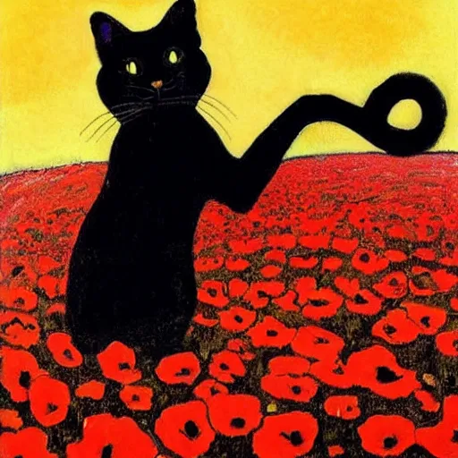 Image similar to a masterpiece painting by alfred mucha : a small black cat taking the sun in a poppy field with a red sunset in the background