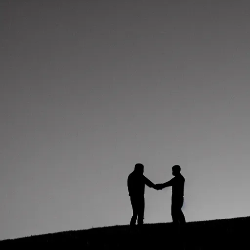 Prompt: silhouettes of two men holding hands on top of a hill with the moon visible in the sky behind them, black and white