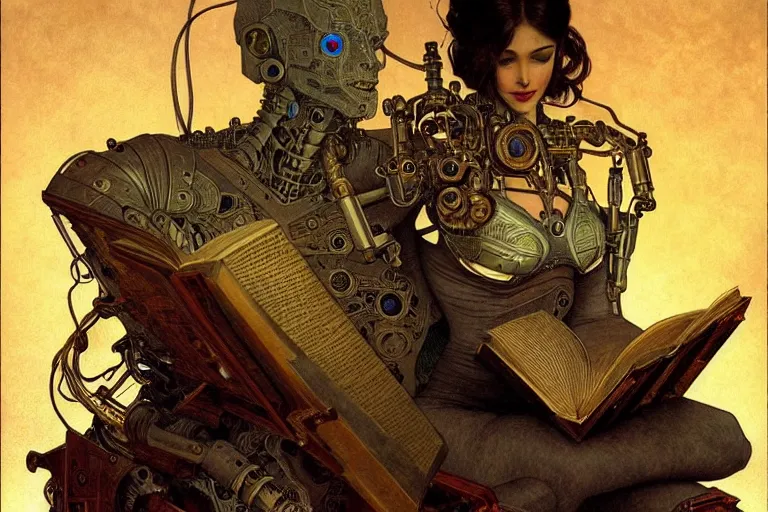 Prompt: a cyborg reading from an old book with a leather cover, fantasy, sci-fi, intricate, elegant, dramatic lighting, highly detailed, lifelike, photorealistic, digital painting, artstation, concept art, smooth, sharp focus, illustration, art by John Blanche and Paul Dainton and Albert Aublet and Artem Demura and Alphonse Mucha