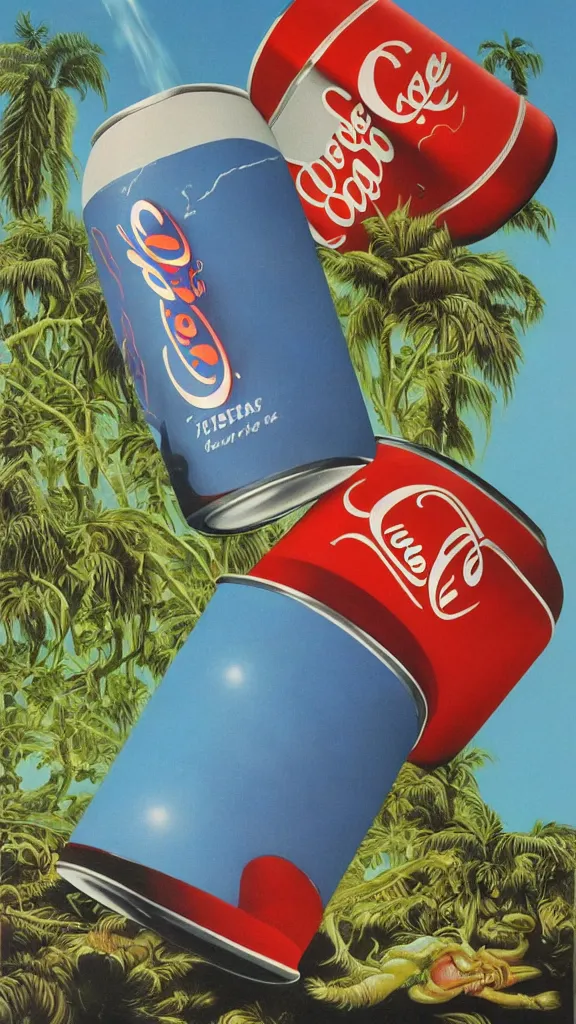 Image similar to 1 9 8 0 s airbrush surrealism illustration of a can of coke by roger dean