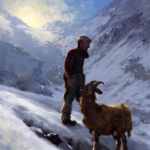 Prompt: a hiker man with a goat on top of a icy mountain, cinematic, painting by craig mullins