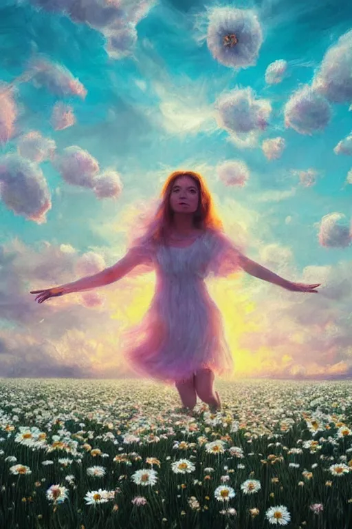 Image similar to veil of giant white daisy flower as head, girl dancing in a flower field, surreal photography, sunrise, dramatic light, impressionist painting, colorful clouds, digital painting, artstation, simon stalenhag