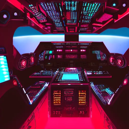 Prompt: a cyberpunk ship cockpit, glowing red buttons, LED glow, dark, futuristic