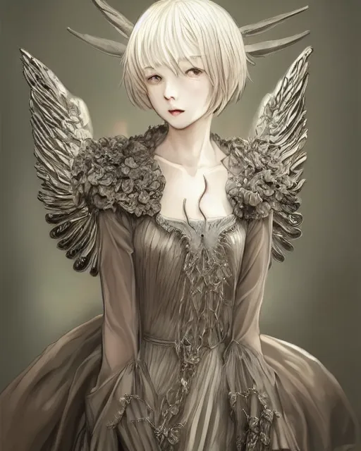 Image similar to an infinitely detailed portrait of a frail and pale female peace angel fully clothed. elegant clothes full - body, beautiful! scenery art!! coherent! by wlop & murata range, by ilya kuvshinov. victorian armor. artstation!! / pixiv!! elegantly armored angel portrait full - body, dreamy art