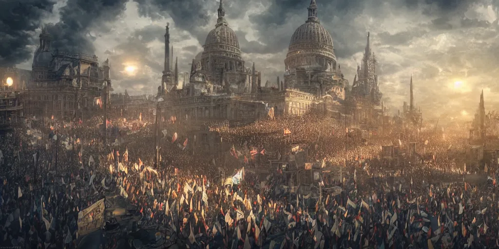 Image similar to i am happy to join with you today in what will go down in history as the greatest demonstration for freedom in the history of our nation. ultrafine colored illustration, hyperrealistic, cinematic atmosphere, intricate linework, sharp focus, octopath traveler, final fantasy, unreal engine highly rendered, global illumination, radiant light, intricate environment